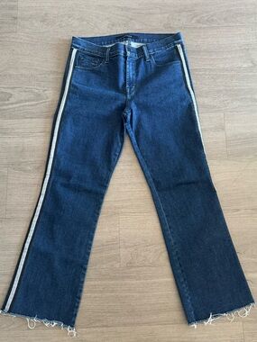 J Brand Dark Indigo Ankle Crop Jeans White Side Stripe Frayed Hem Size 27 🖤